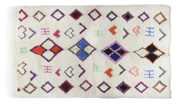 Made Azilal Berber rug, Moroccan Boho rug, Handwoven woolen rug, Beni ourain Teppich, Free Shipping, White bohemian colored diamonds carpet