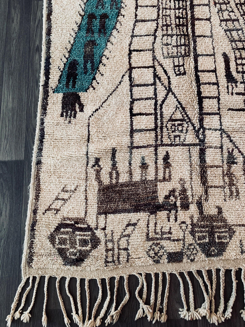 Best Artistic Azilal rug, Moroccan Beni ourain rug, Mrirt Boho rug, Tribal Berber rug-Free shipping-handwoven Beige blue black primitive rug
