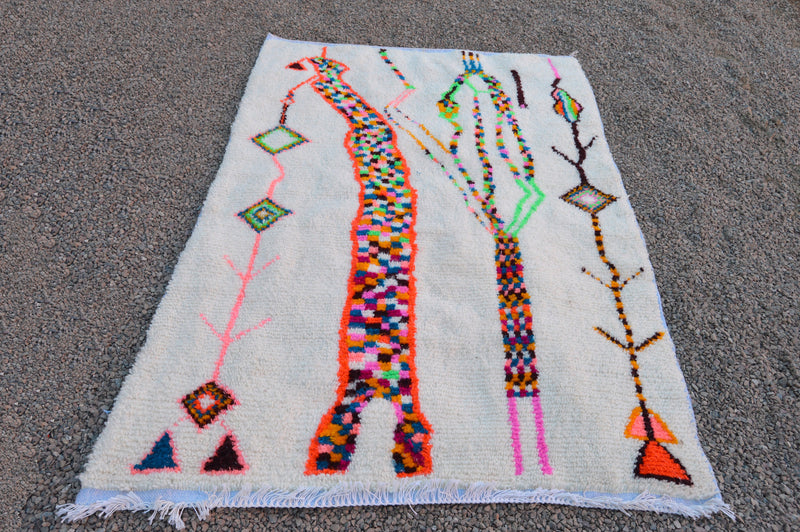 Made Moroccan Azilal rug, Boho Berber rug, Mrirt Beni ourain rug, Perfect Handmade rug-Free Shipping-White Orange Green geometric strips rug