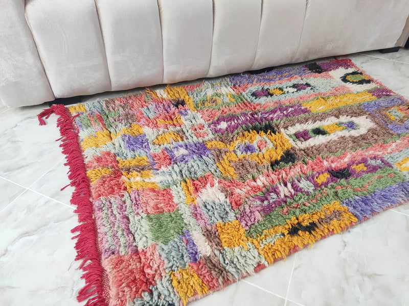 Boujaad rug, Moroccan rug, Beni ourain rug, Mrirt rug, Boho rug, Pink Purple Yellow, Tapis Berbère, Teppich, 2.7x4.8ft | 90x158cm, Free Ship