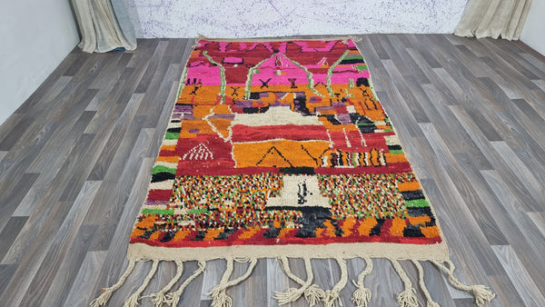 Beni ourain rug, Moroccan rug, Azilal rug, Boho rug, Mrirt rug, Pink Red Orange, Boujaad rug, Tapis Berbère, Teppich, Free Shipping