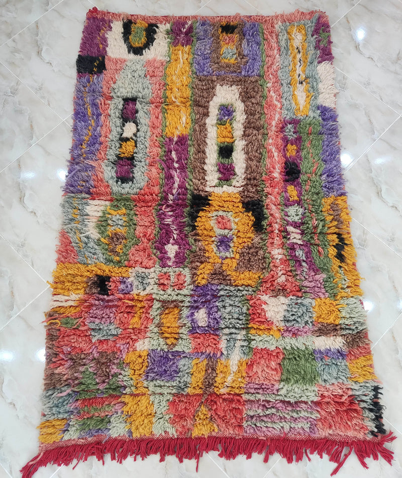 Boujaad rug, Moroccan rug, Beni ourain rug, Mrirt rug, Boho rug, Pink Purple Yellow, Tapis Berbère, Teppich, 2.7x4.8ft | 90x158cm, Free Ship