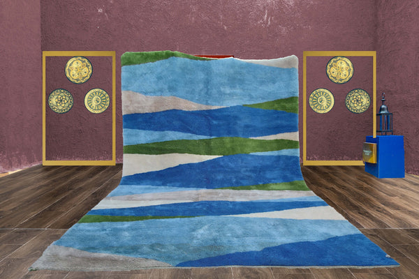 Moroccan rug, Mrirt area rug, Beni ourain geometric rug, Bohemian Azilal rug, Boho rug, Green Blue Beige, Free shipping