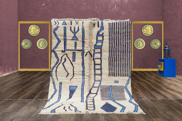 Azilal rug, Berber rug, Handmade , Moroccan rug, Beni ourain Teppich, Boho rug, Mrirt rug, White blue abstract, Free Shipping