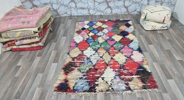Antique MOROCCAN rug, Checkered Beni ourain rug, Handmade VINTAGE rug, Bohemian Carpet, Boho Berber area Rug, Geometric Red yellow blue rug
