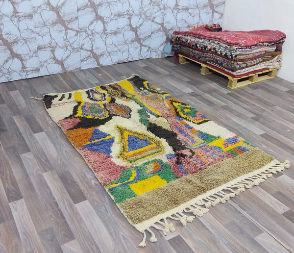 Artistic Moroccan rug, Beni ourain Mrirt rug, Azilal Boho rug-Boujaad Berber rug-Custom Handmade rug-Free Shipping-yellow black colorful rug