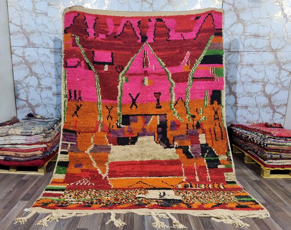 Beni ourain rug, Moroccan rug, Azilal rug, Boho rug, Mrirt rug, Pink Red Orange, Boujaad rug, Tapis Berbère, Teppich, Free Shipping
