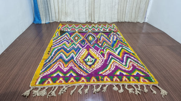 Authentic Moroccan rug, Beni ourain rug, Boho rug, Mrirt rug, Azilal rug, Boujaad rug, Tapis Berbère-Free Shipping, purple yellow colorful