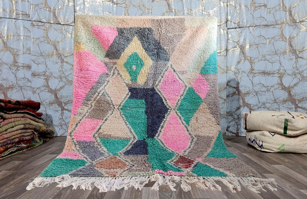Area Moroccan rug, Beni ourain colorful rug, Boujaad Boho rug, Mrirt rug, Azilal geometric rug, Berber rug, Free Shipping, Green pink carpet