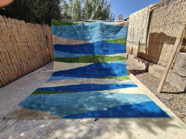 Moroccan rug, Mrirt area rug, Beni ourain geometric rug, Bohemian Azilal rug, Boho rug, Green Blue Beige, Free shipping
