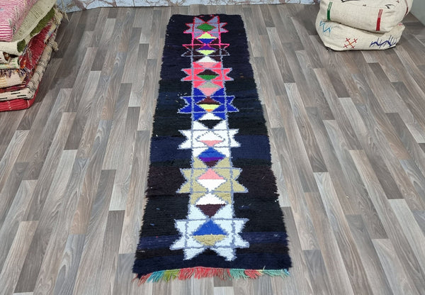 Artistic Moroccan runner rug, Beni ourain VINTAGE rug, Bohemian Carpet-Boho Berber Rug-Handmade decor rug-Antique Rug-teppich-Black blue rug