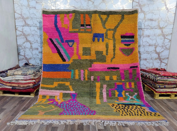Wondrerful Moroccan rug, Beni ourain area rug, Mrirt Boho rug, Boujaad rug, Azilal rug, Berber rug, Free Shipping, yellow green multicolored