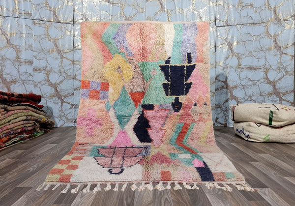Artistic Moroccan carpet, Beni ourain Boujaad rug, Boho Mrirt rug, Azilal Berber rug,Handmade Wool rug-Free Shipping-pink green colorful rug