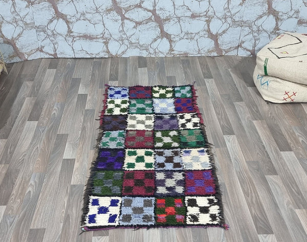 MOROCCAN Checkered rug, Beni ourain VINTAGE carpet, Handwoven rug, Bohemian Boho rug, Tribal Berber Rug-Antique Rug-green beige colorful rug