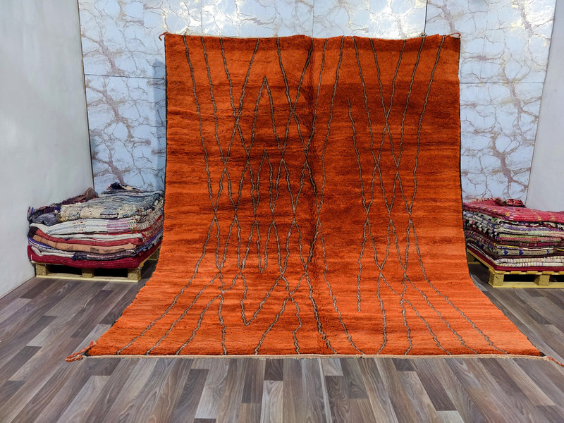 Mrirt rug, Moroccan rug, Boho rug, Beni ourain rug, Azilal rug, Teppich Tapis, Coral red dark orange beige brown strips, Free Shipping