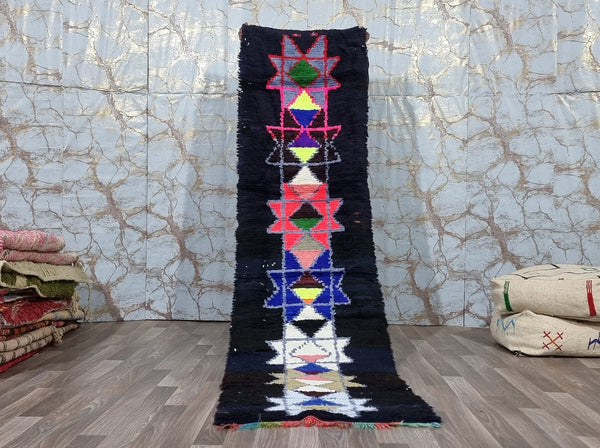 Artistic Moroccan runner rug, Beni ourain VINTAGE rug, Bohemian Carpet-Boho Berber Rug-Handmade decor rug-Antique Rug-teppich-Black blue rug